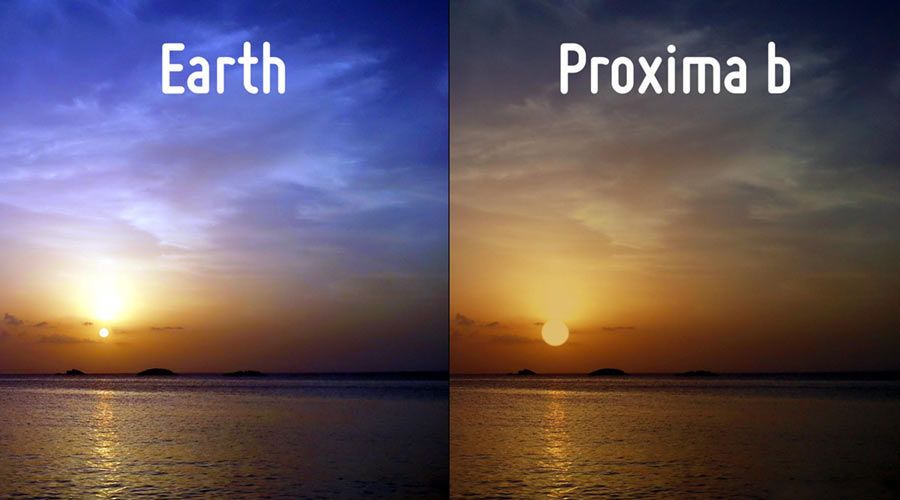 محاكاة تصورية تقارن غروب الشمس على كوكب الأرض و نظيره Proxima b